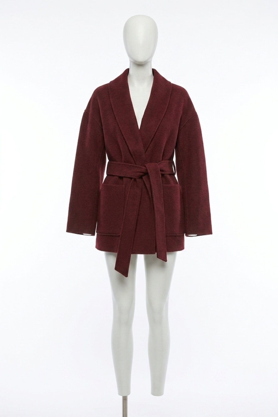 NEW JOSEPH RIBKOFF belted short wrap kimono coat in merlot